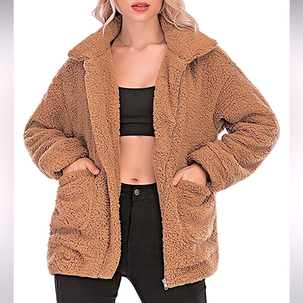 Women’s Faux Fur Teddy Jacket in Camel Size M
